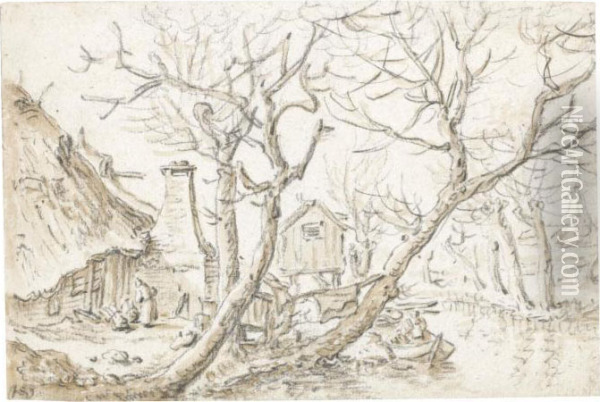 Farmhouses With Figures And Trees Along A Stream Oil Painting - Herman Saftleven