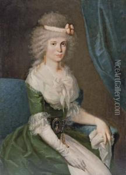 Portrait Of A Lady, 
Three-quarter-length, Seated, In A Green Dress With White Lace Sleeves 
And Collar Oil Painting - Antonio Carnicero