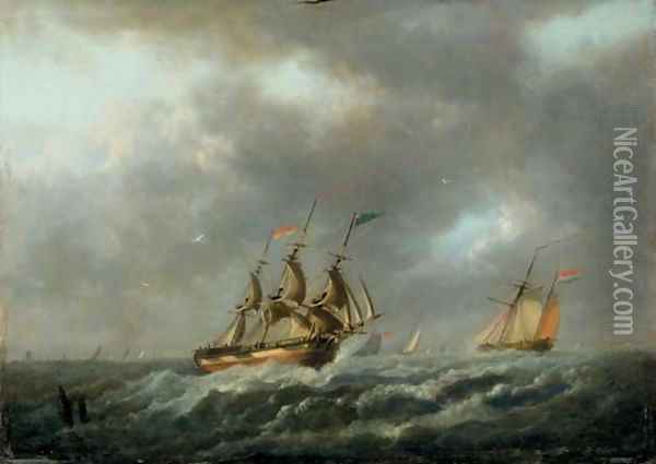 Sailing vessels in a stiff breeze Oil Painting - Dutch School
