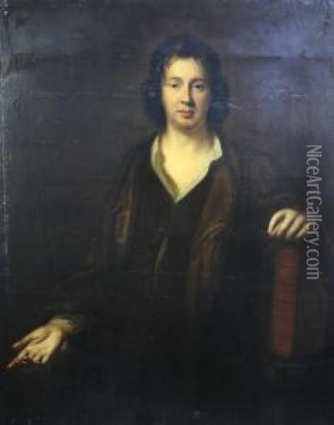 Portrait Of Charles Beale Resting His Hand On A Large Volume Oil Painting - Mary Beale