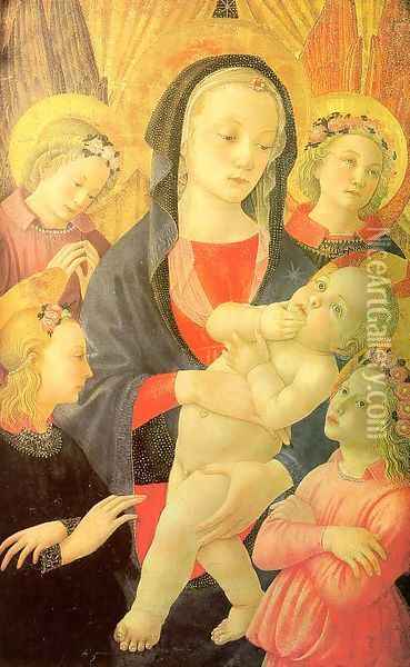 The Virgin & Child Surrounded by Four Angels Oil Painting - Master of the Castello Nativity