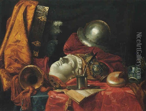 Still Life With A Helmet, Trumpet, Shell, Stoneware Vase, Blue-and-white Porcelain Bowl And Wineglass Oil Painting - Jean Baptiste Huet