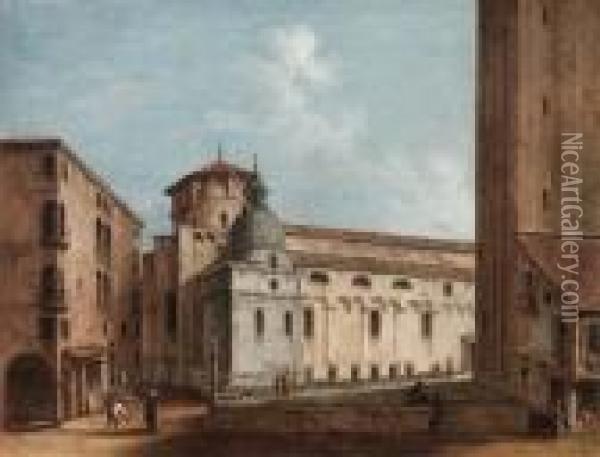 Scorcio Del Duomo Di Treviso Da Via Cornarotta Verso Il Campanile Oil Painting - Bernardo Bellotto