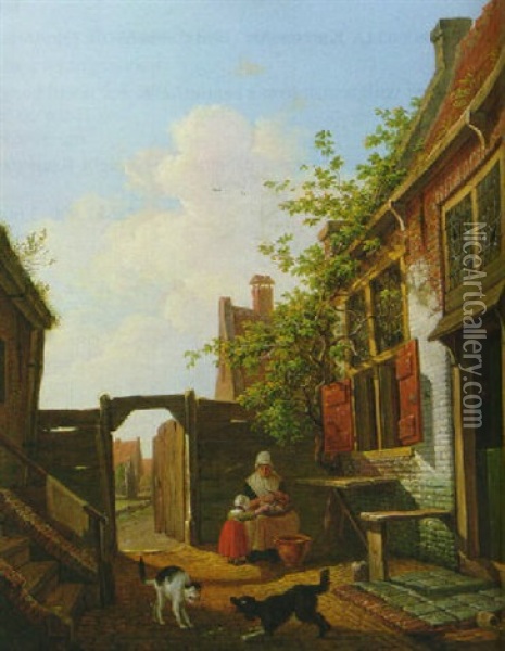 A Sunlit Courtyard With Mother And Child Peeling Vegetables Oil Painting - Francois Joseph Pfeiffer the Younger