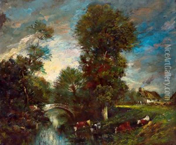 Abendliche Fluslandschaft Mit Kuhen Oil Painting - Leon Victor Dupre