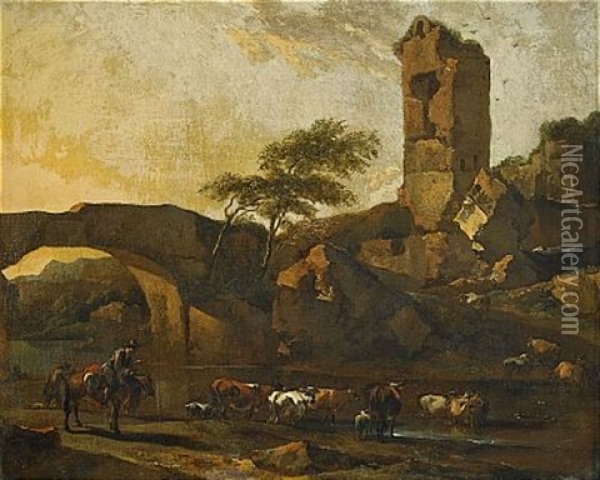 Pastoralt Landskap Med Ruin Och Boskap Oil Painting - Willem Romeyn