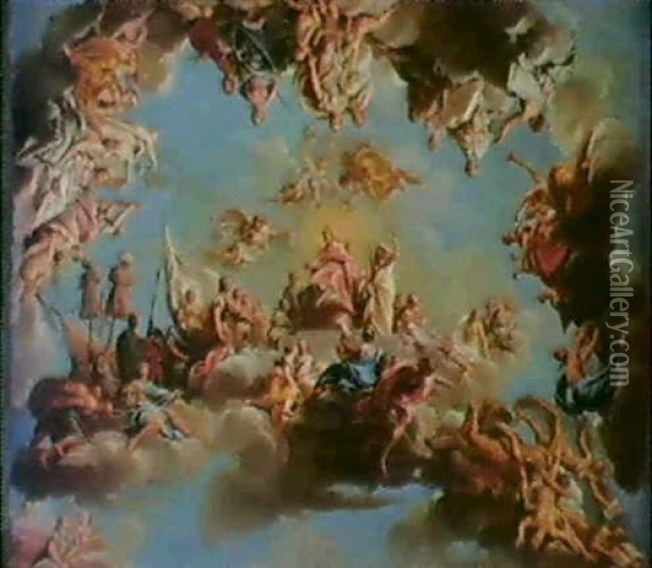 A Modello For A Ceiling Decoration; Soldiers Paying Homage  To A Bishop Seated On High Whilst Thor Repels Fallen Souls.. Oil Painting - Pietro Bardellino