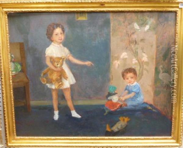 Two Clidren Playing With Toys In A Nursery Oil Painting - Sydney Adamson