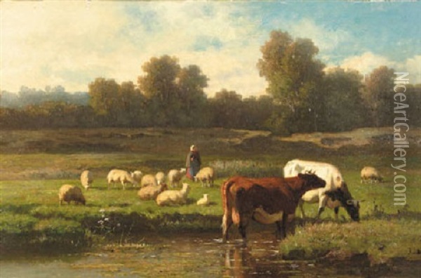 A Herdess And Flock And Cows On A Riverbank Oil Painting - Louis Robbe