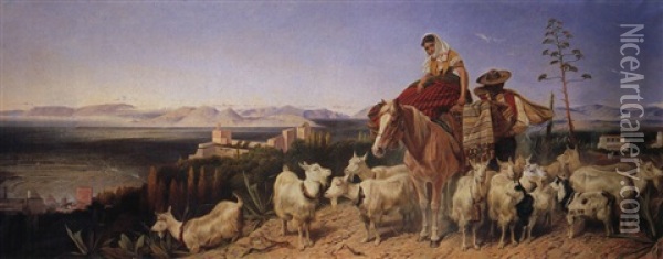Spanische Hirten Mit Ziegen Und Pferd Uber Der Stadt Granada, Das Vegagebirge Im Hintergrund Oil Painting - Richard Ansdell