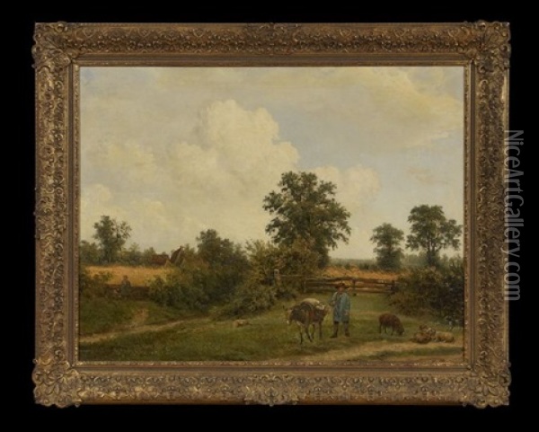 A Pastoral Landscape With A Herder, Donkey And Sheep Grazing, A Woman And Child Working The Fields Beyond Oil Painting - Georgius Jacobus Johannes van Os
