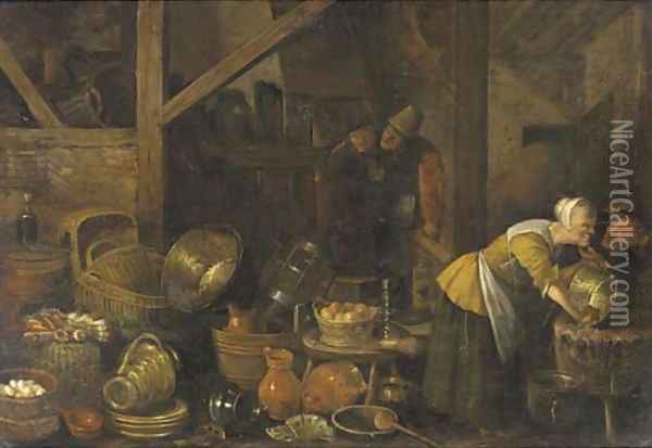 A kitchen interior with peasants Oil Painting - Dirck Wyntrack