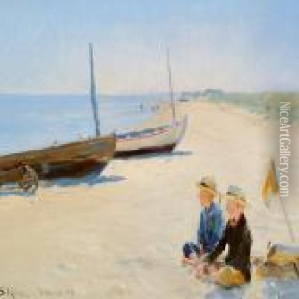 Two Boys Sitting In Thesunshine On Skagen Beach Oil Painting - Peder Severin Kroyer