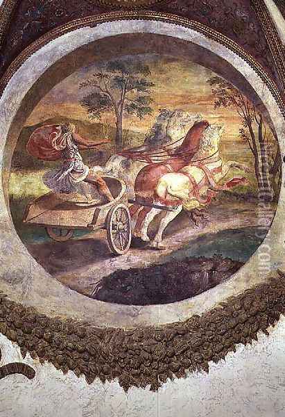 Scene showing that those born under the sign of Scorpio in conjunction with the constellation of the Centaur will be adept at horse-driving, symbolised by a chariot driver, from the Camera dei Venti, 1528 Oil Painting - Giulio Romano (Orbetto)