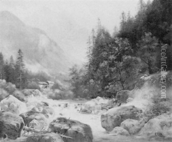 Ziegenhirtin Am Gebirgsbach - Ramsau Bei Berchtesgaden Oil Painting - Ludwig Sckell