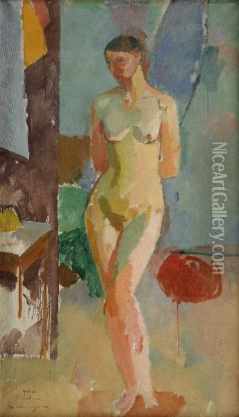 Sittande Kvinna I Svart Klanning / Modell I Interior Oil Painting - Karl Isakson