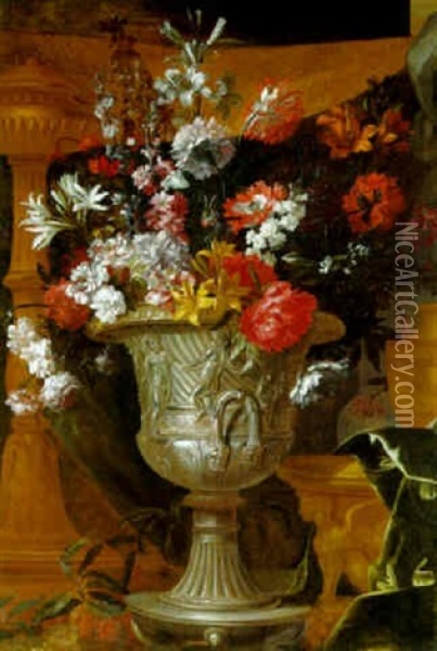 Lilies And Other Flowers In A Silver-gilt Sculpted Urn In Draped Interior Oil Painting - Antoine Monnoyer