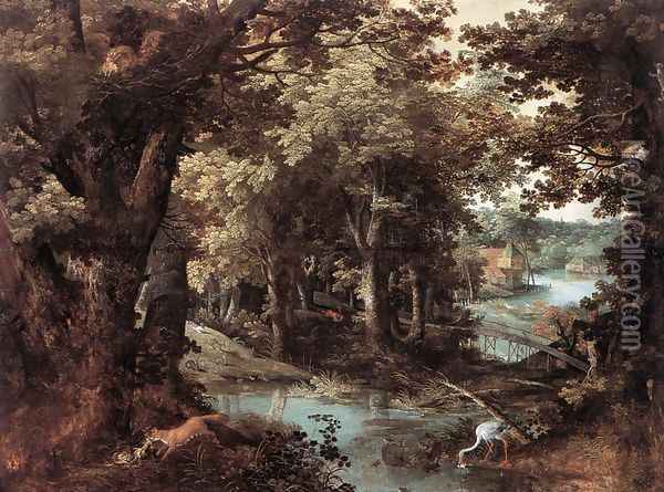 Landscape with Fables 1620 Oil Painting - Adriaan van Stalbemt