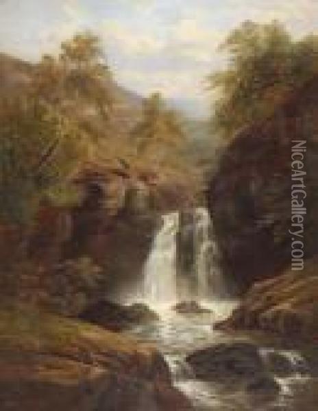 Oil On Canvas a Waterfall On The Welshhills Signed 35.5 X 27.5 Oil Painting - William Mellor