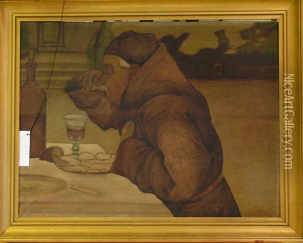 Munk Imundigandes Ostron Och Vin. Oil Painting - Josef Wilhelm Wallander
