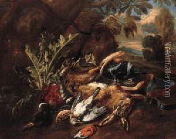 A Hunting Still Life With A Hare, A Mallard And Songbirds In Alandscape Oil Painting - Bernaert De Bridt