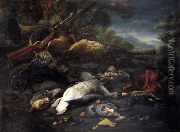 Nature Morte Aux Trophees De Chasse Et Porc-epic Oil Painting - Baldassare De Caro