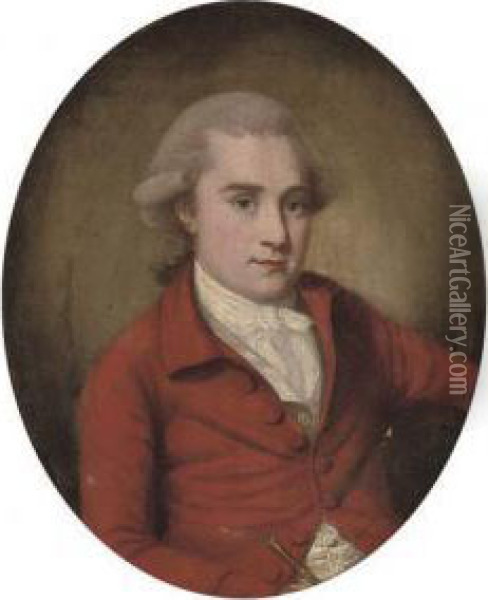 Portrait Of A Gentleman, 
Half-length, In A Red Coat And White Ruff, Holding A Riding Crop In His 
Right Hand, Painted Oval Oil Painting - Francis Alleyne