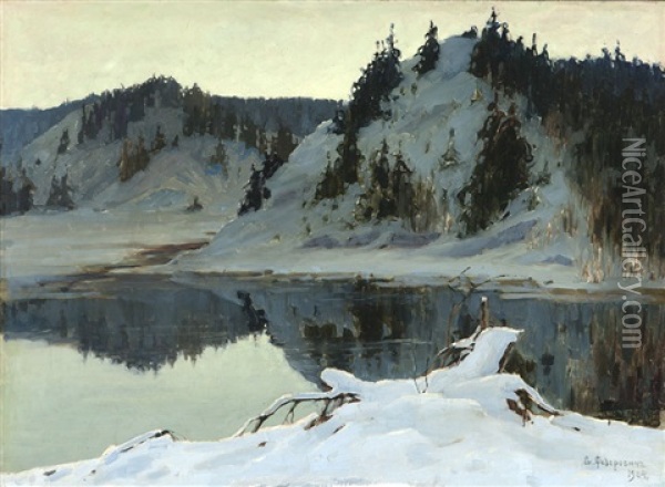 Evening Calm, Lake In Winter Landscape Oil Painting - Vladimir Nikolaevich Fedorovich