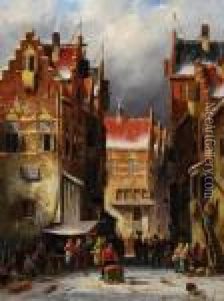 Dutch Street Market In Winter Oil Painting - Charles Henri Leickert