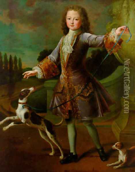 Portrait of a young gentleman in a lilac coat with gold embroidery and a lace cravat, with two dogs in a garden Oil Painting - Alexis-Simon Belle