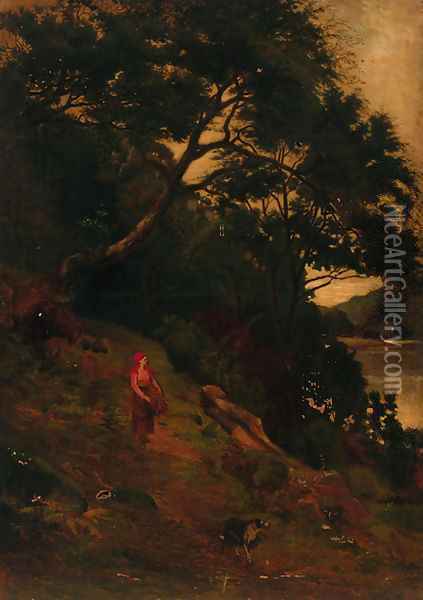A faggot gatherer on a riverside path Oil Painting - John MacWhirter