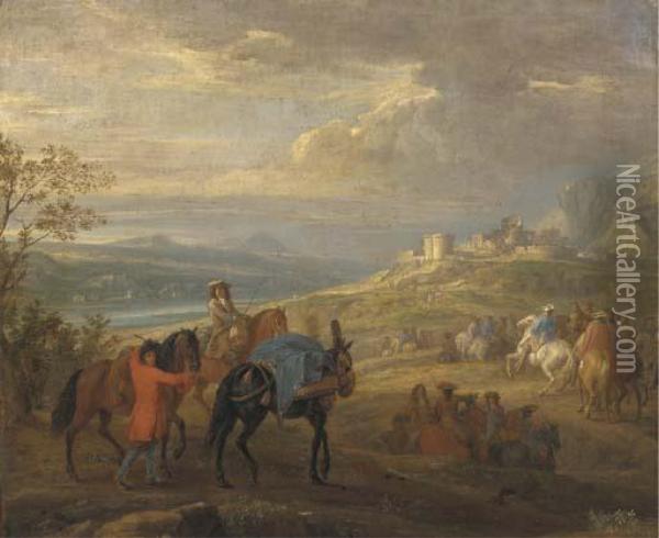 An Extensive River Landscape With A Cavalry Troop On A Path, A Ruined Castle Beyond Oil Painting - Adam Frans van der Meulen