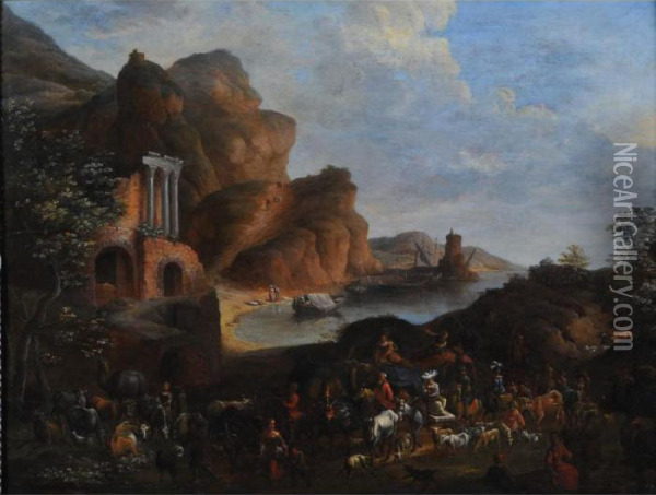 Caravane Dans Un Port Mediterraneen Oil Painting - Johannes Lingelbach
