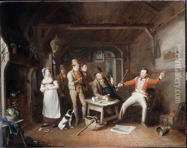 A Soldier relating his exploits in a tavern, 1821 Oil Painting - John Cawse