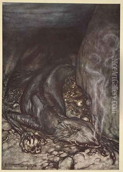 In dragons form Fafner now watches the hoard, illustration from Siegfried and the Twilight of the Gods, 1924 Oil Painting - Arthur Rackham