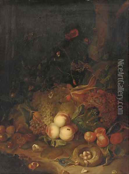 Apples, pears, grapes, corn, pomegranates, a birds nest with eggs with butterflies, a lizard and other insects in a wooded clearing Oil Painting - Rachel Ruysch