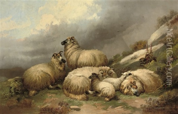 Sheep Grazing In A Landscape Oil Painting - John W. Morris