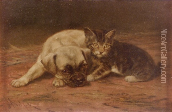 Making Friends / A Kitten And Pug Oil Painting - John Henry Dolph