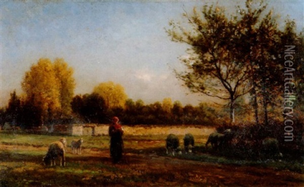 Landschaft Mit Hirtin Und Weidenden Schafen Oil Painting - Jean Ferdinand Chaigneau