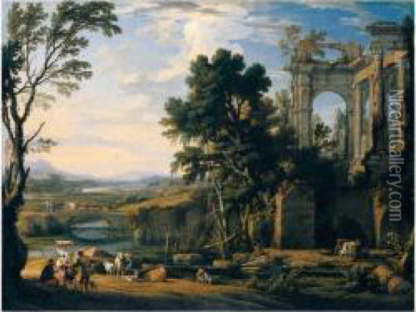 A Classical Landscape With 
Drovers And Animals Resting On The Banks Of A River Before A Set Of 
Ruins, Animals And Figures Crossing A Bridge Beyond Oil Painting - Pierrele Bon I Patel