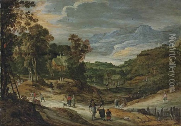 A Wooded Landscape With Cottages, Figures Picking Apples, Mountains Beyond Oil Painting - Philips de Momper the Younger