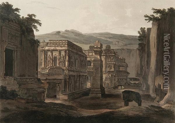 S.w. View Of Kailasa Oil Painting - Thomas & William Daniell