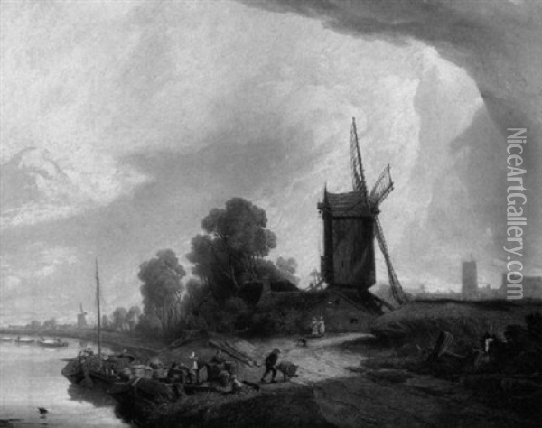 River Landscape With Windmills And Barges Oil Painting - Caleb Robert Stanley