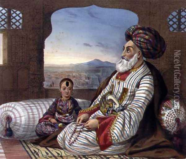 Dost Mahommed 1793-1863 King of Caubul and his Youngest Son, plate 2 from Scenery, Inhabitants and Costumes of Afghanistan, engraved by E. Walker, 1848 Oil Painting - James Rattray