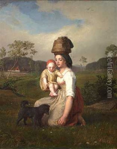 Moder Med Sit Barn Plukker Blomster Pa En Eng Oil Painting - Lorenz Frolich