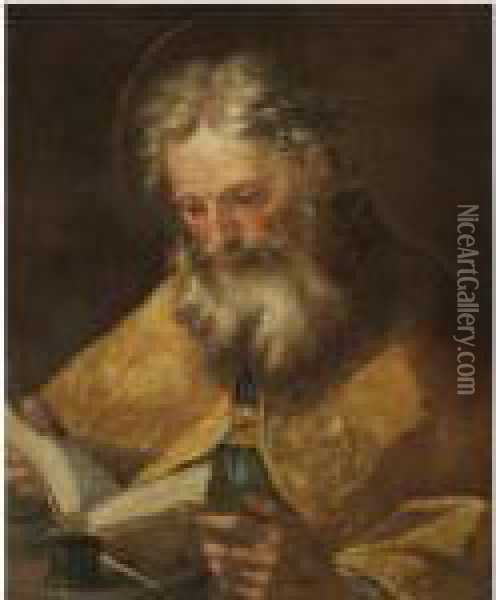 A Bishop Saint Reading The Bible Oil Painting - Luca Giordano