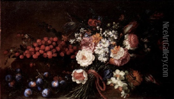 A Still Life Of Strawberries, Plums And A Bouquet Of Flowers Tied With A Red Ribbon Oil Painting - Benito Espinos