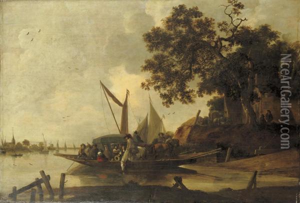 A Ferry With A Horse-drawn Carriage Crossing A River, Sailing Vessels And A Village Beyond Oil Painting - Hendrick De Meijer