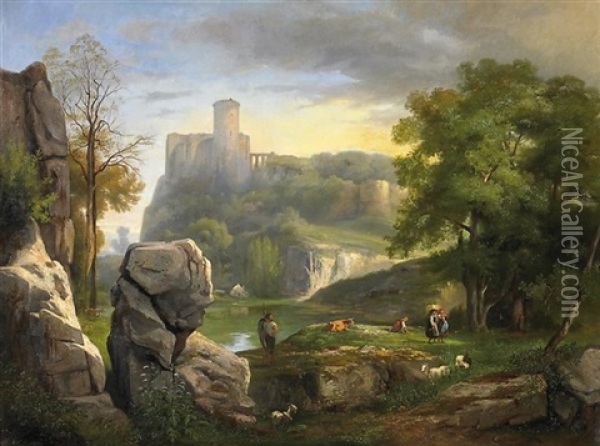 Hirte Und Bauernmadchen In Felsiger Landschaft. Im Hintergrund Eine Burganlage Oil Painting - Gustave Joseph Noel