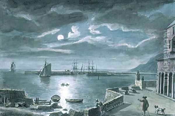 The Harbour and the Cobb, Lyme Regis, Dorset, by Moonlight Oil Painting - Copplestone Warre Bamfylde